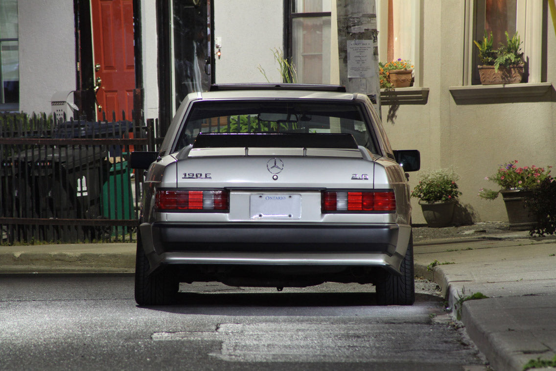 Smoke silver 190E with the STEVS Crown carbon fiber wing extension