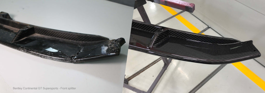 Before and after of a carbon fiber repair performed on a Bentley Continental GT Supersports front splitter
